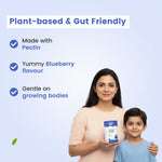 Mother and smiling child holding Nutriverse Eyecare Gummies, featuring plant-based pectin and yummy blueberry flavor gentle on growing bodies