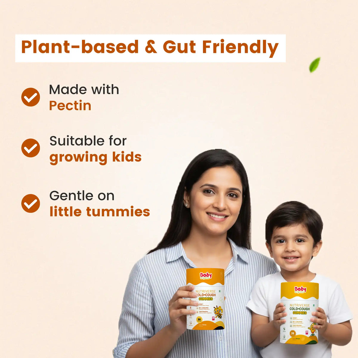 Mother and son holding Baby Organo bottle - Plant-based pectin formula that is gentle on little tummies and suitable for growing kids | #flavour_honey