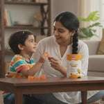 Ayurveda-inspired Nutriverse Cold and Cough Gummies – Mother feeding baby boy honey-flavored gummies for 2+ years, easing throat irritation and cough