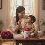 Ayurveda-inspired Nutriverse Immunity Gummies – Mother feeding baby boy strawberry-flavored gummies for kids 2+ years