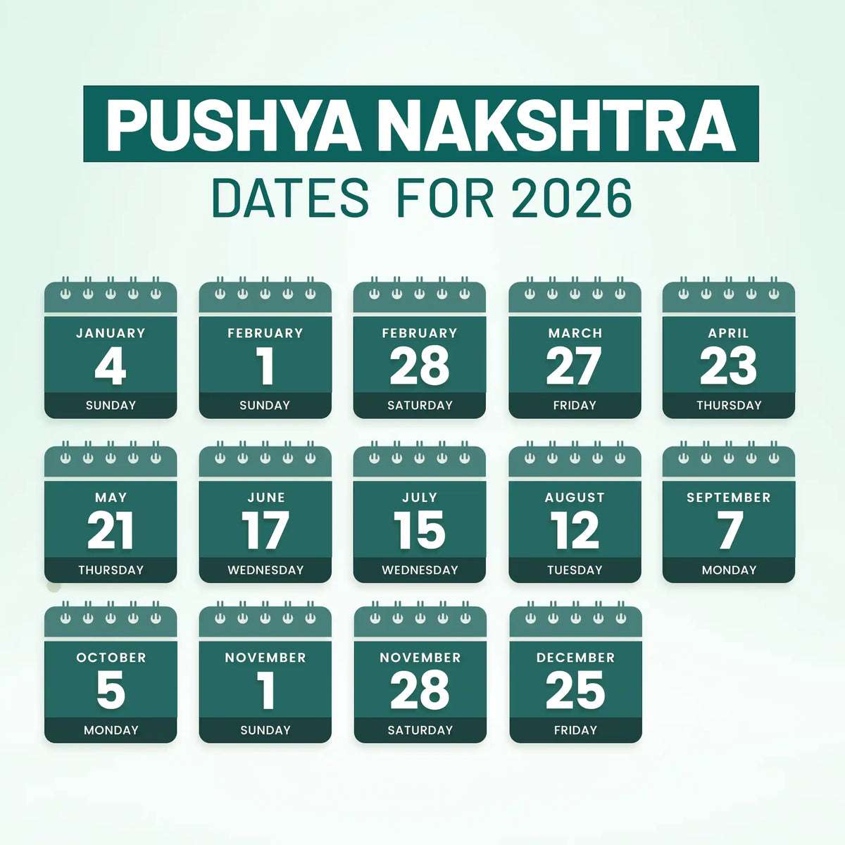 Pushya Nakshatra 2026 dates calendar for administering BabyOrgano Swarnaprashan Tulsi drops.