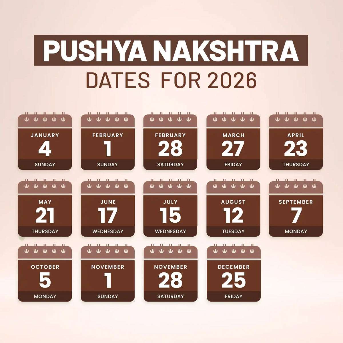Monthly calendar for Pushya Nakshatra dates 2026 for administering Swarnaprashan drops.