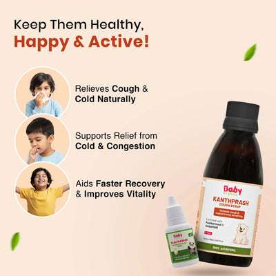 BabyOrgano Kanthprash and Baalprashan combo bottles featuring benefits like natural relief from cough and cold, faster recovery, and improved vitality for kids.