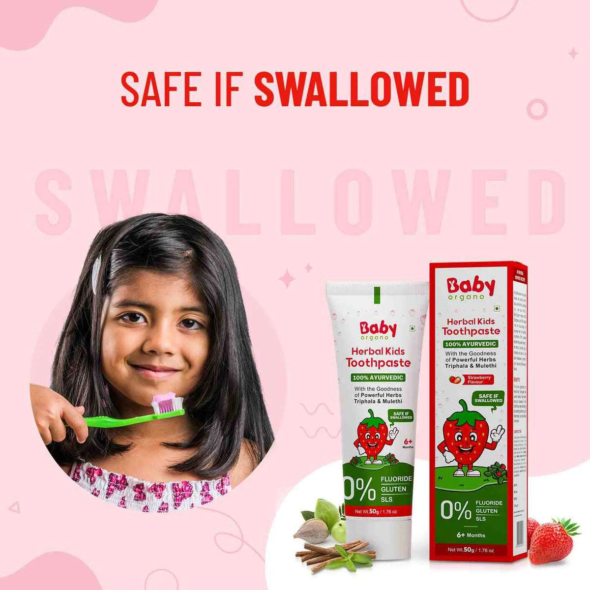 Herbal strawberry kids toothpaste – safe if swallowed, ideal for toddlers 6 months and above