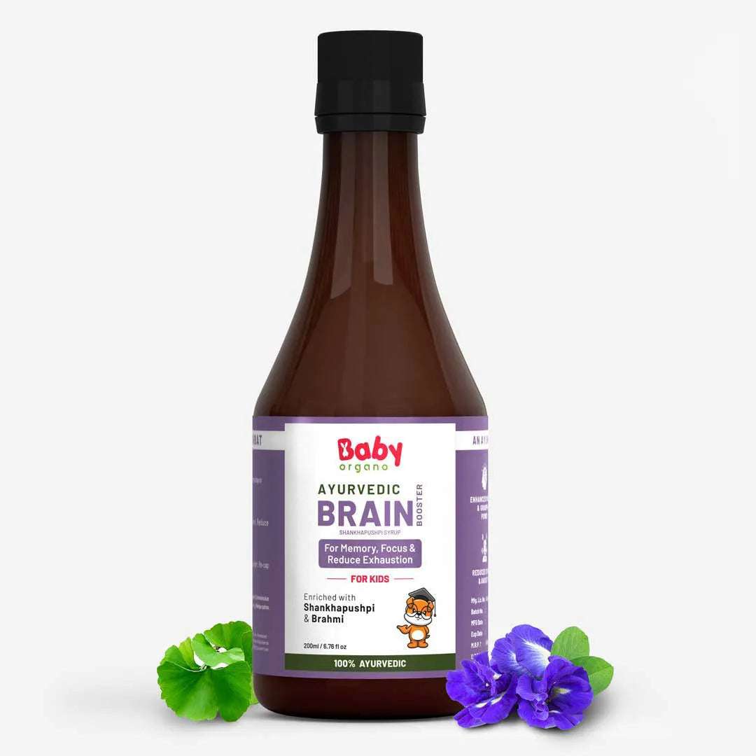Shankhpushpi syrup for kids by BabyOrgano – Ayurvedic brain booster with Brahmi for focus, memory, and reduced exhaustion.
