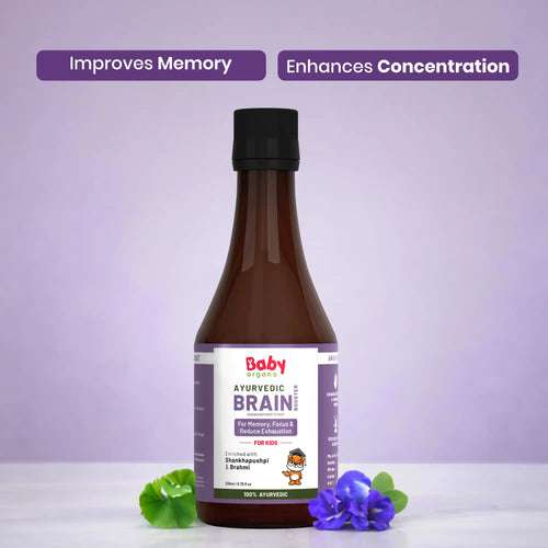 Shankhpushpi syrup for kids by BabyOrgano – Ayurvedic brain booster with Brahmi for focus, memory, and reduced exhaustion.