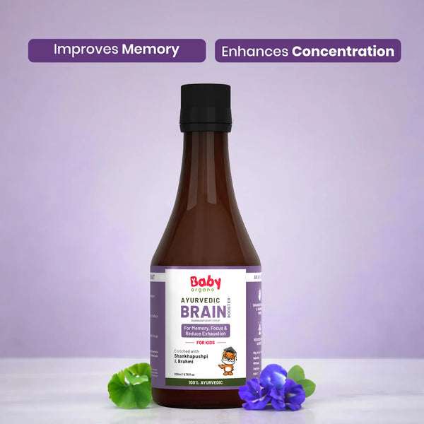 Shankhpushpi syrup for kids by BabyOrgano – Ayurvedic brain booster with Brahmi for focus, memory, and reduced exhaustion.