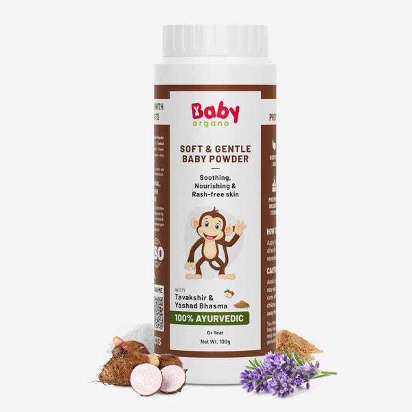 Soft and gentle baby powder with Tavakshir & Yashad Bhasma – talc-free, Ayurvedic, and nourishing for rash-free baby skin