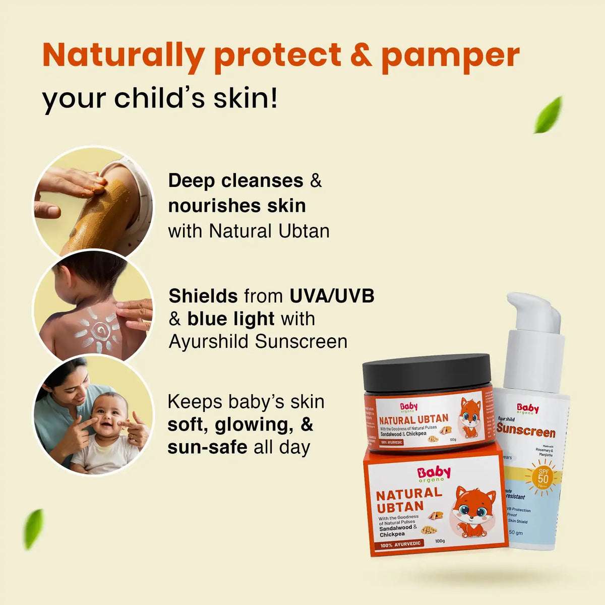 Nature’s Shield & Shine Skin Care Combo for Kids | Ayurshild Sunscreen + Natural Ubtan