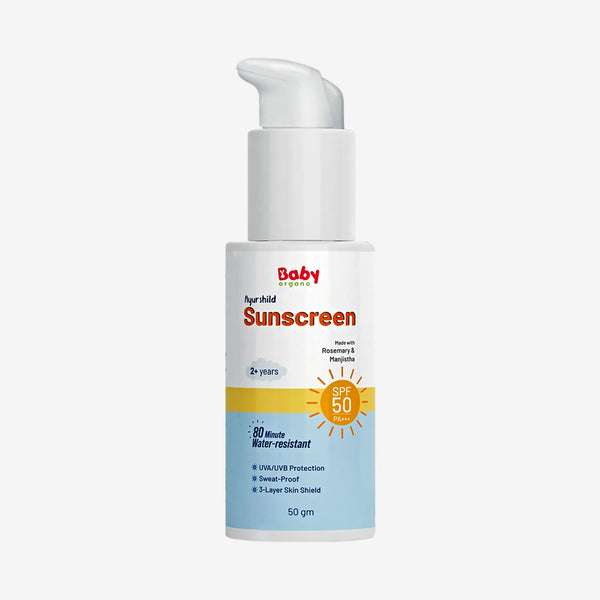 BabyOrgano Ayurshield Sunscreen SPF 50 – Ayurvedic sun protection for kids with rosemary, manjistha, UVA/UVB defense
