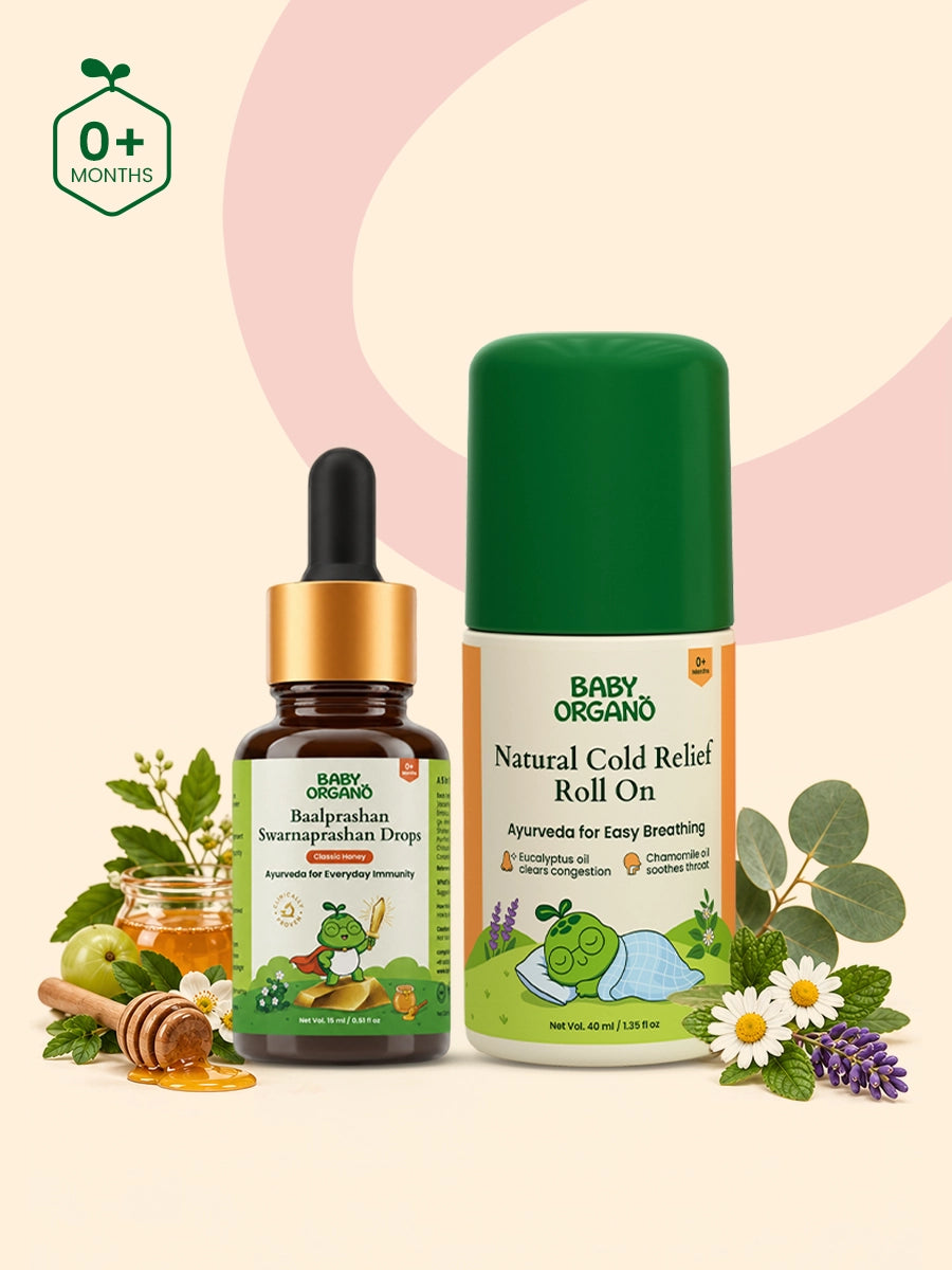 Promotional image featuring BabyOrgano Baalprashan Swarnaprashan Drops and Natural Cold Relief Roll On for babies 0+ months.