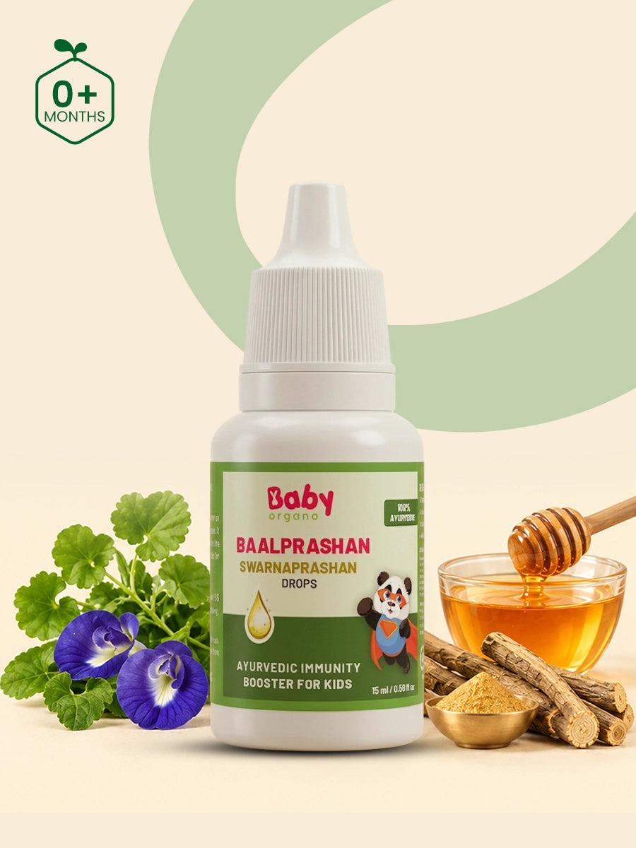 BabyOrgano Swarnaprashan drops old pack with honey, herbs, and blue pea flowers for baby immunity