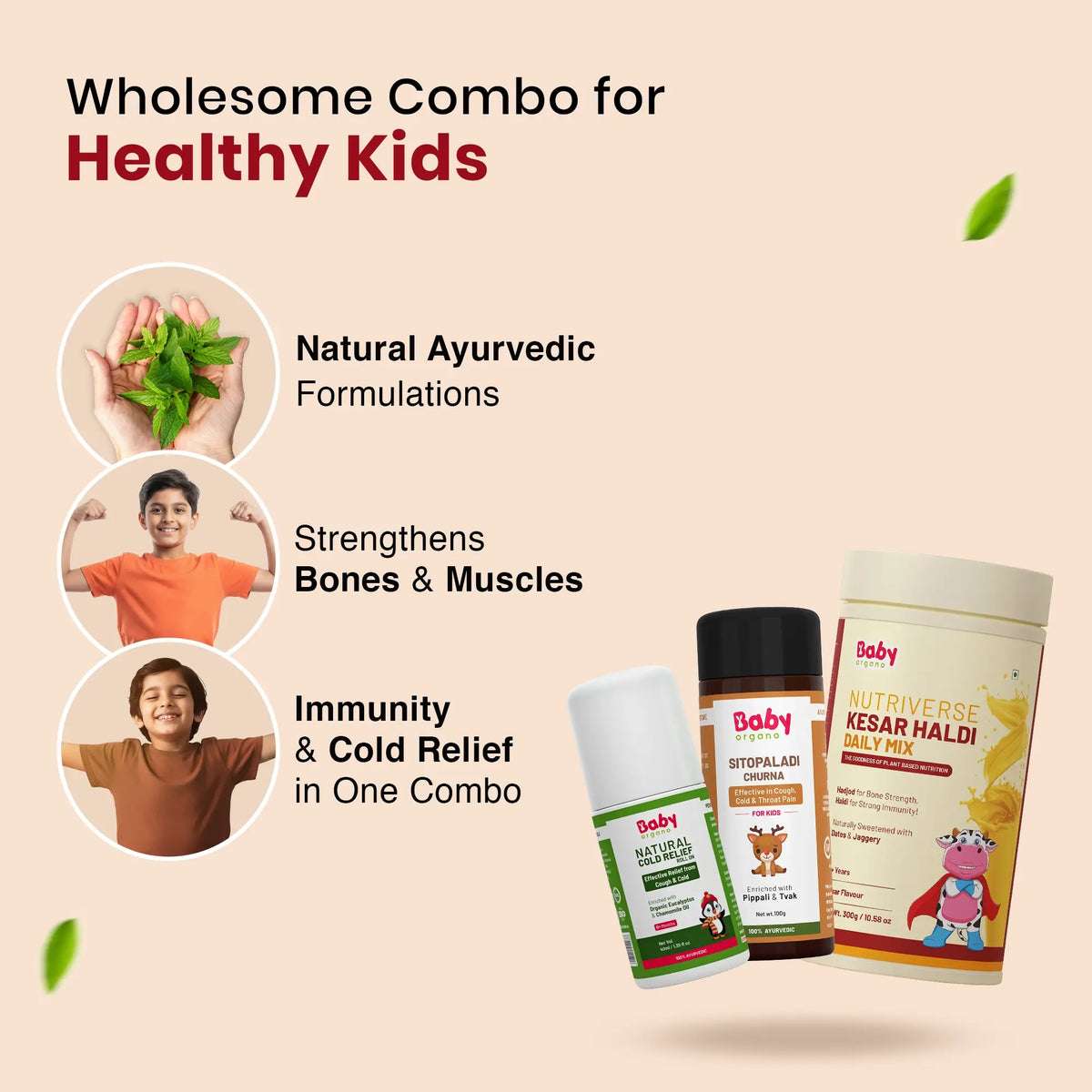 Cold Relief & Immunity Booster Combo for Kids | Kesar Haldi Milk Mix + Sitopaladi Churna + Natural Cold Relief Roll-On