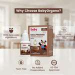 Key features of BabyOrgano Swarnaprashan: 100% Ayurvedic, toxin-free, no added preservatives, and US FDA approved.