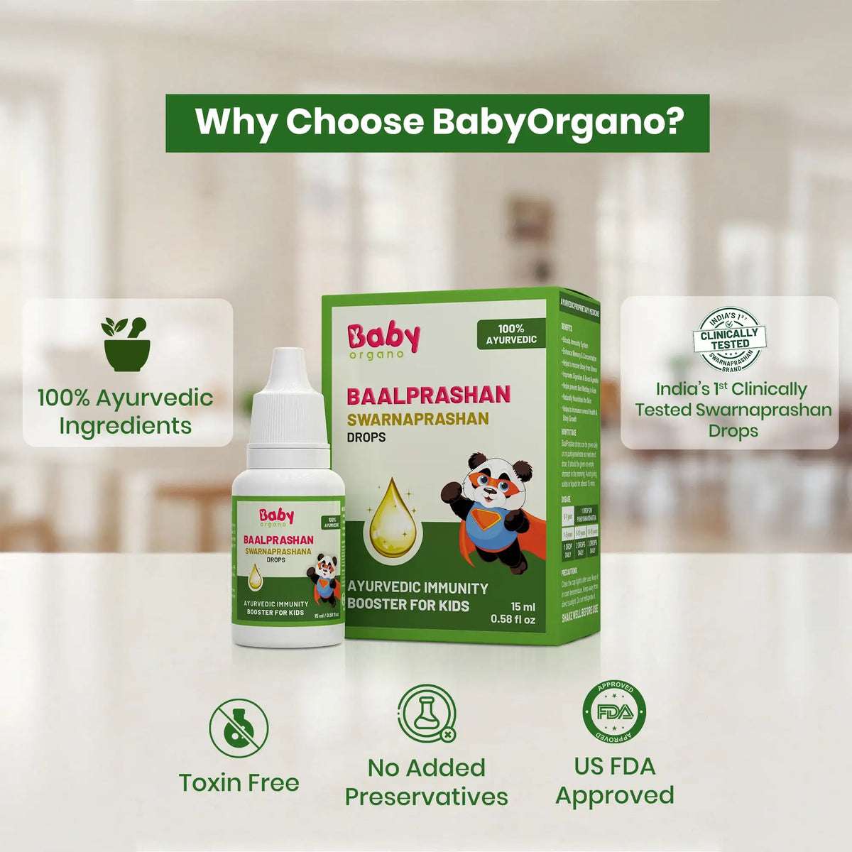 Why choose BabyOrgano Swarnaprashan comparison highlighting 24CT Gold Bhasma, clinical testing, 10+ essential herbs, and 1M+ trusted parents vs ordinary brands.